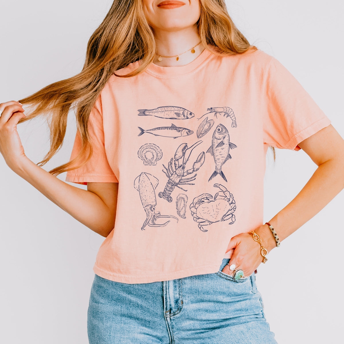 Nautical Creatures Sketched - Women's Boxy Crop Top Graphic T-Shirt