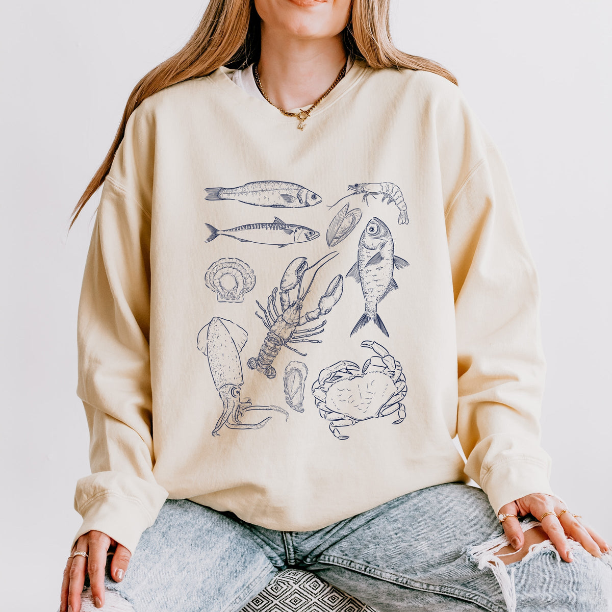 Nautical Creatures Sketched - Women's Lightweight Garment Dyed Sweatshirt