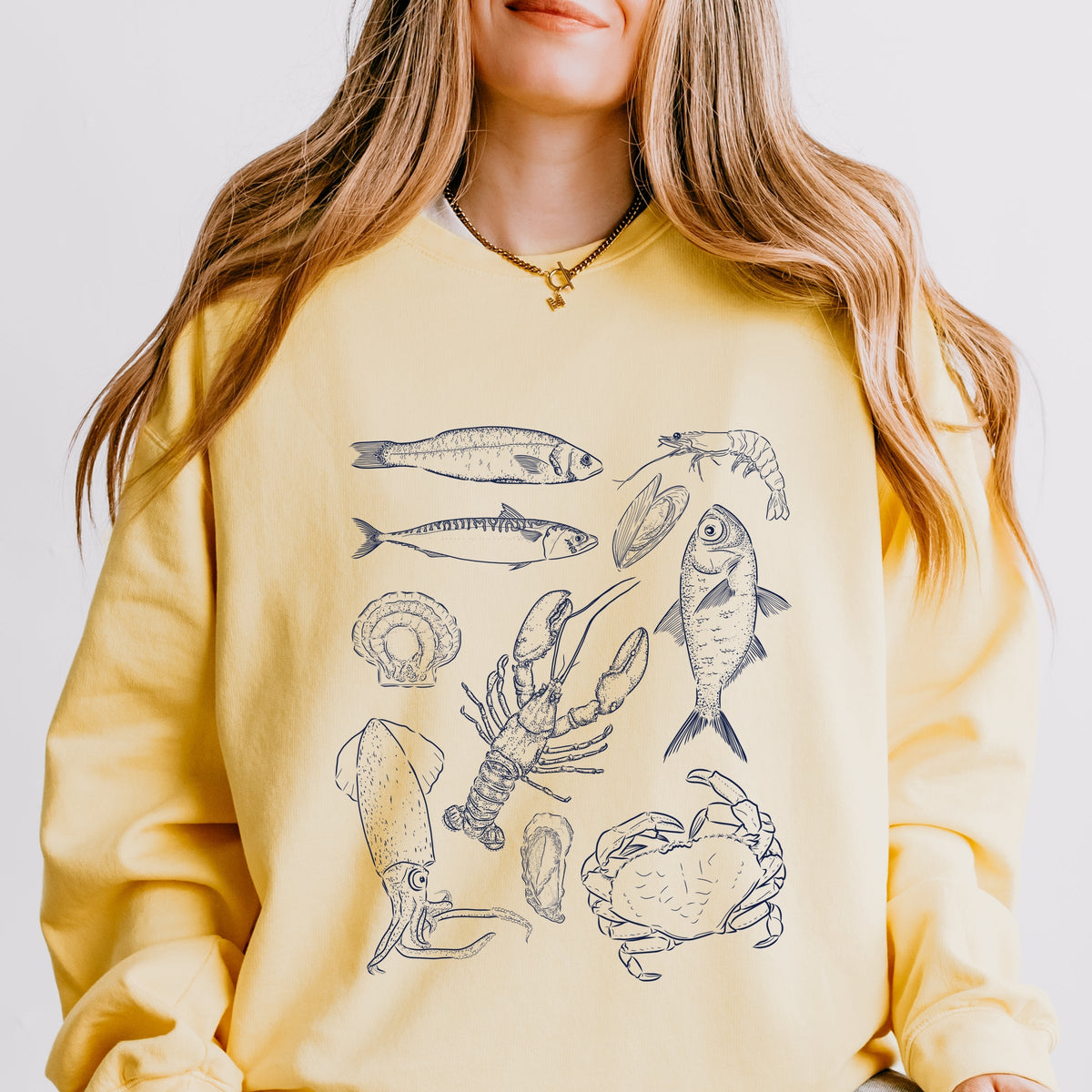 Nautical Creatures Sketched - Women's Lightweight Garment Dyed Sweatshirt