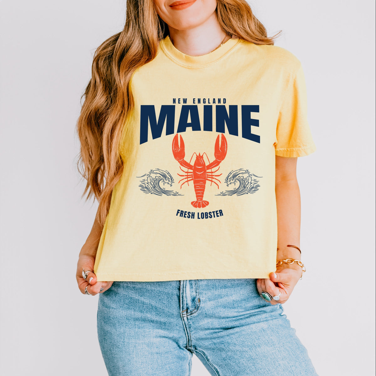 Maine Fresh Lobster Waves - Women's Boxy Crop Top Graphic T-Shirt