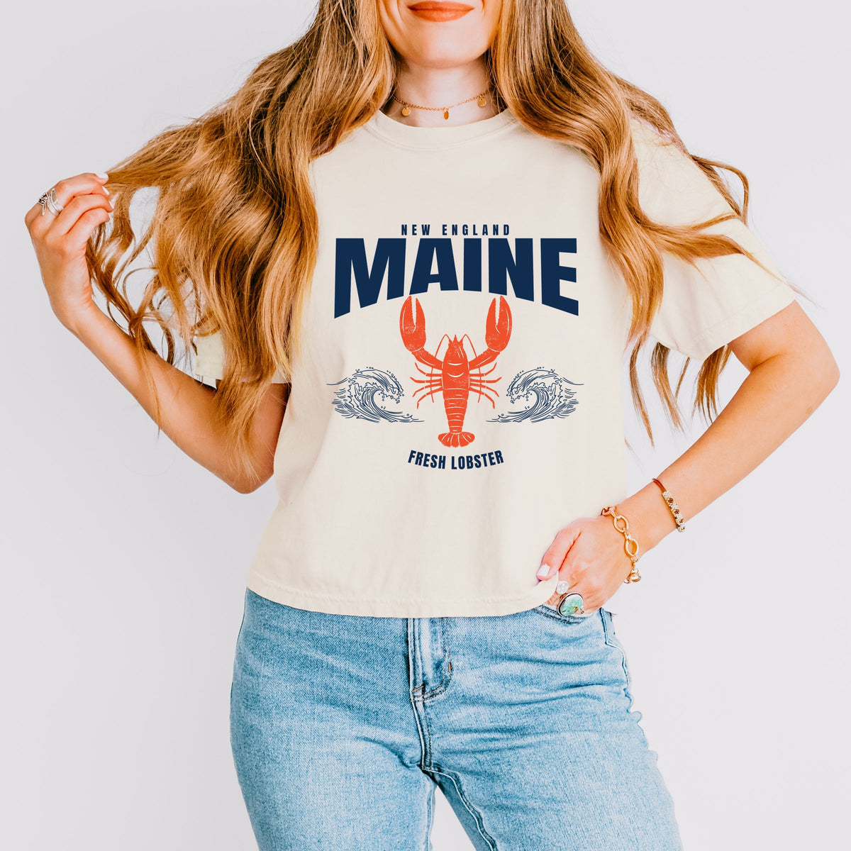 Maine Fresh Lobster Waves - Women's Boxy Crop Top Graphic T-Shirt