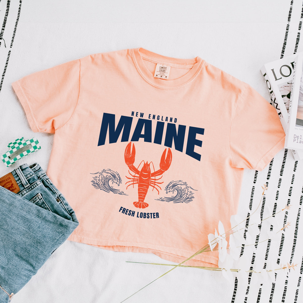 Maine Fresh Lobster Waves - Women's Boxy Crop Top Graphic T-Shirt