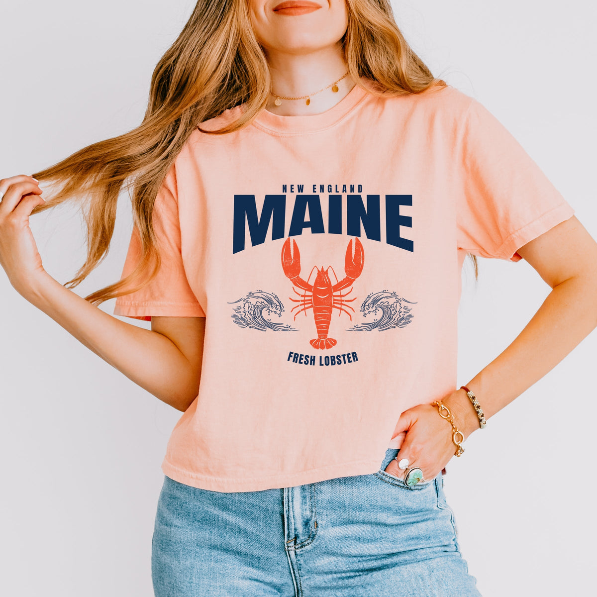 Maine Fresh Lobster Waves - Women's Boxy Crop Top Graphic T-Shirt