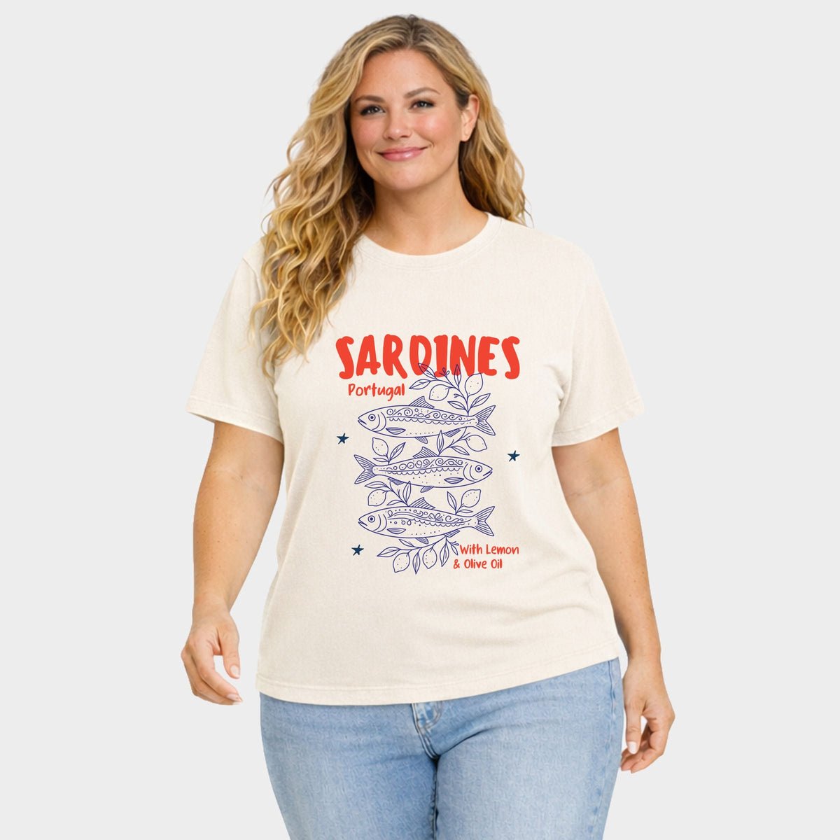 Sardines With Lemon and Olive Oil - Women's Plus Sized Garment Dyed Graphic T-Shirt