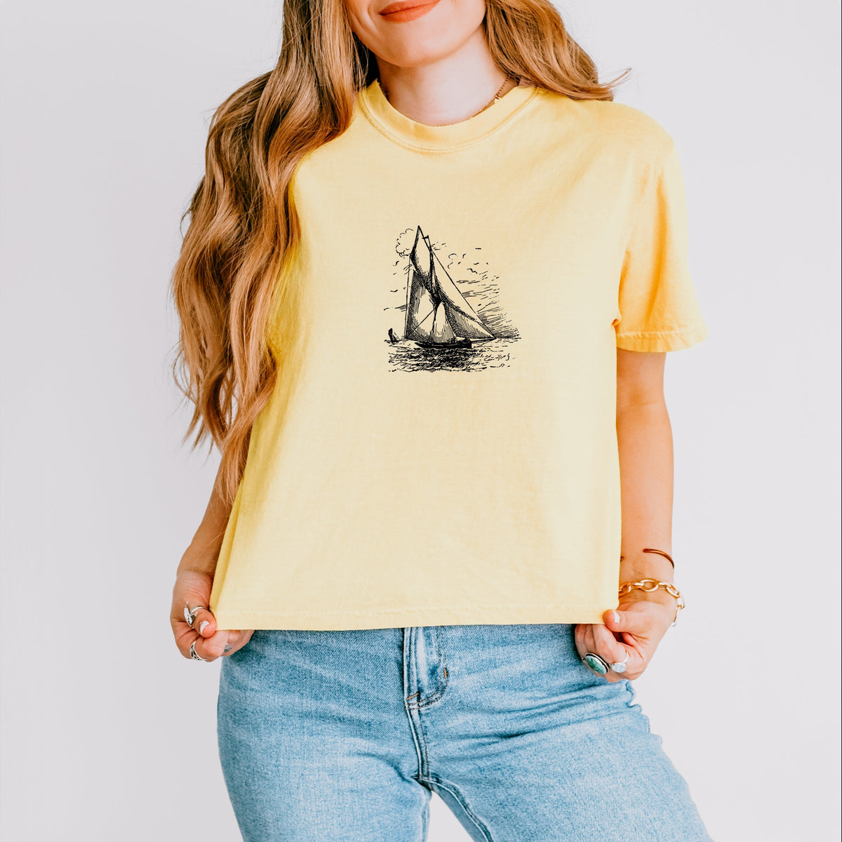 Sailboat Sketch - Women's Boxy Crop Top Graphic T-Shirt