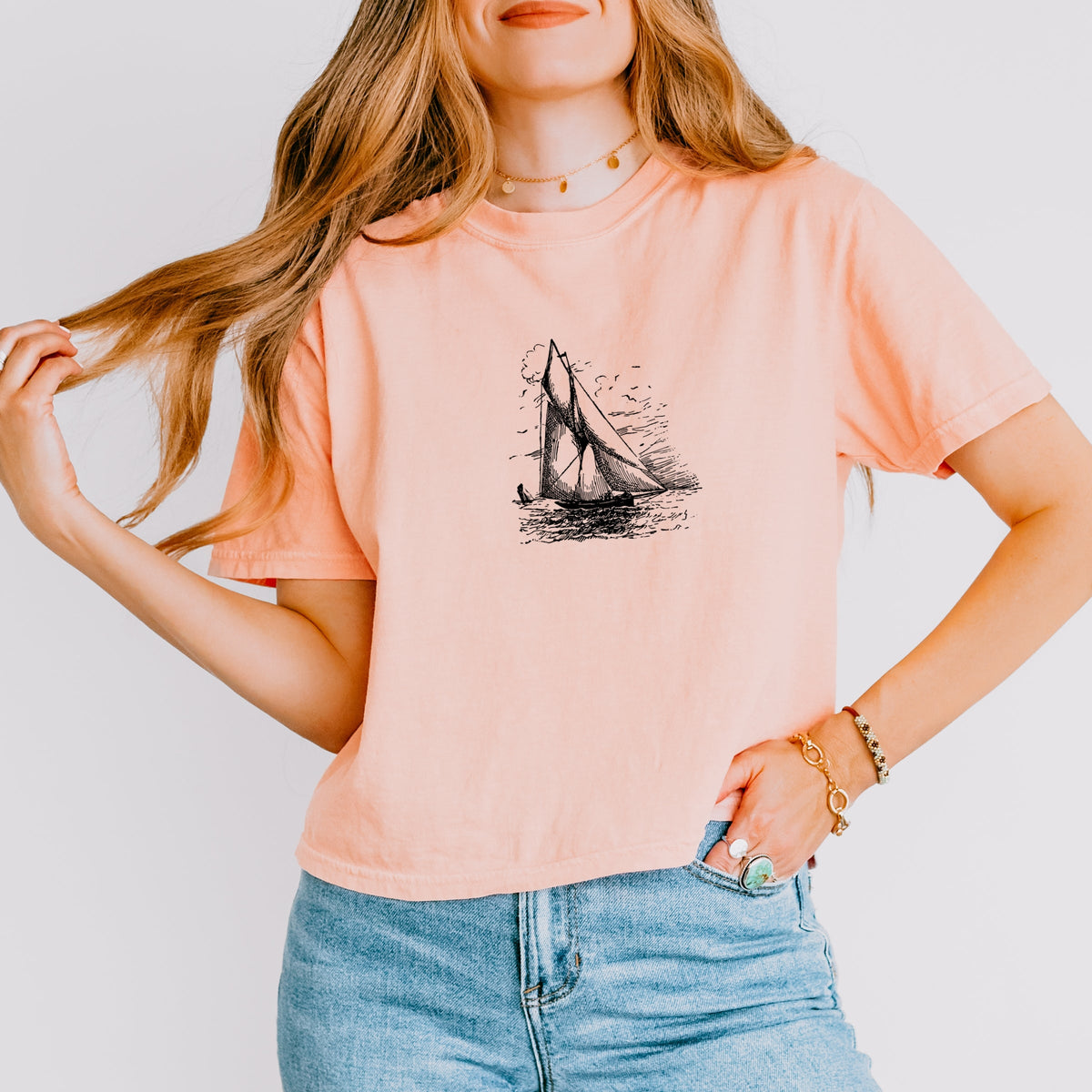 Sailboat Sketch - Women's Boxy Crop Top Graphic T-Shirt