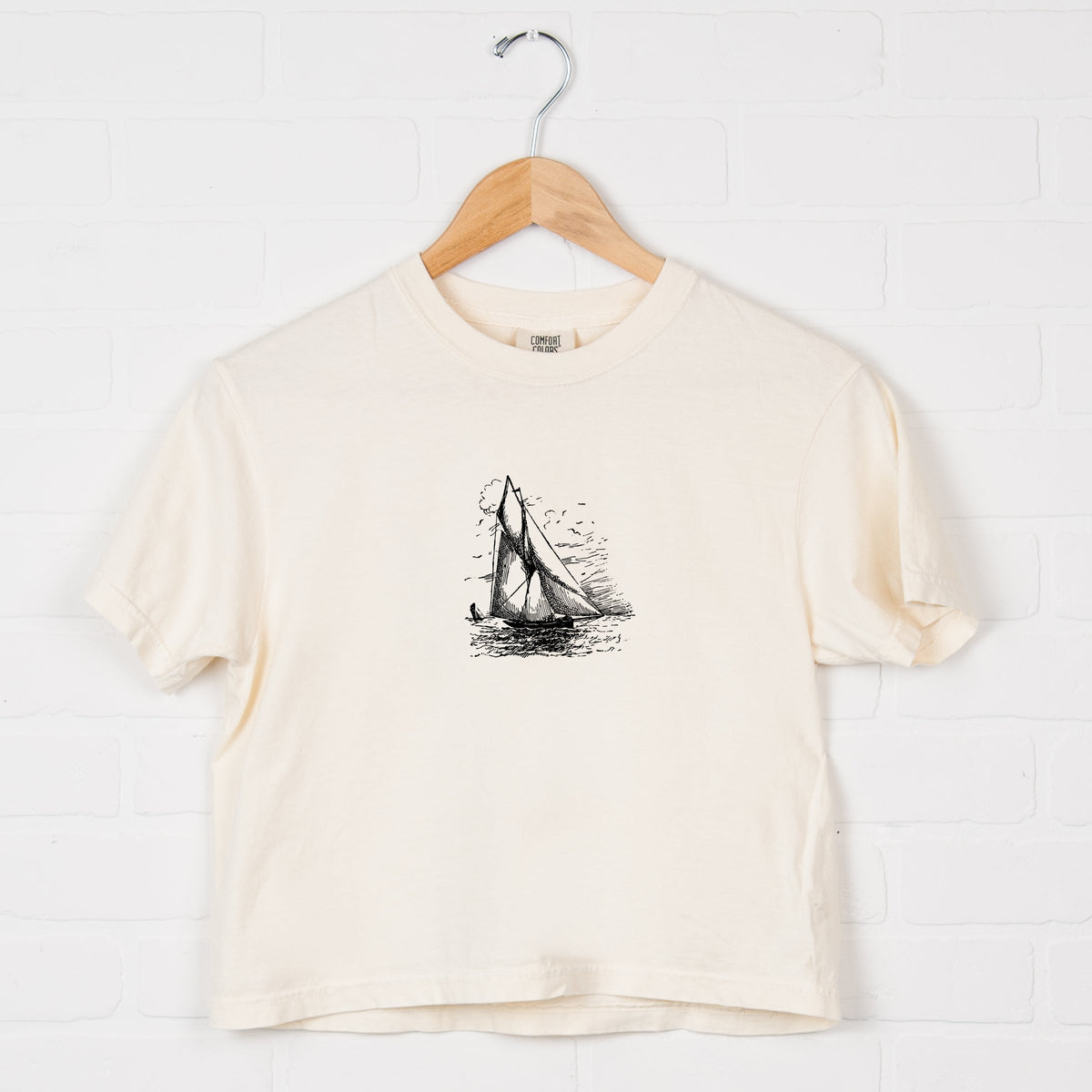 Sailboat Sketch - Women's Boxy Crop Top Graphic T-Shirt
