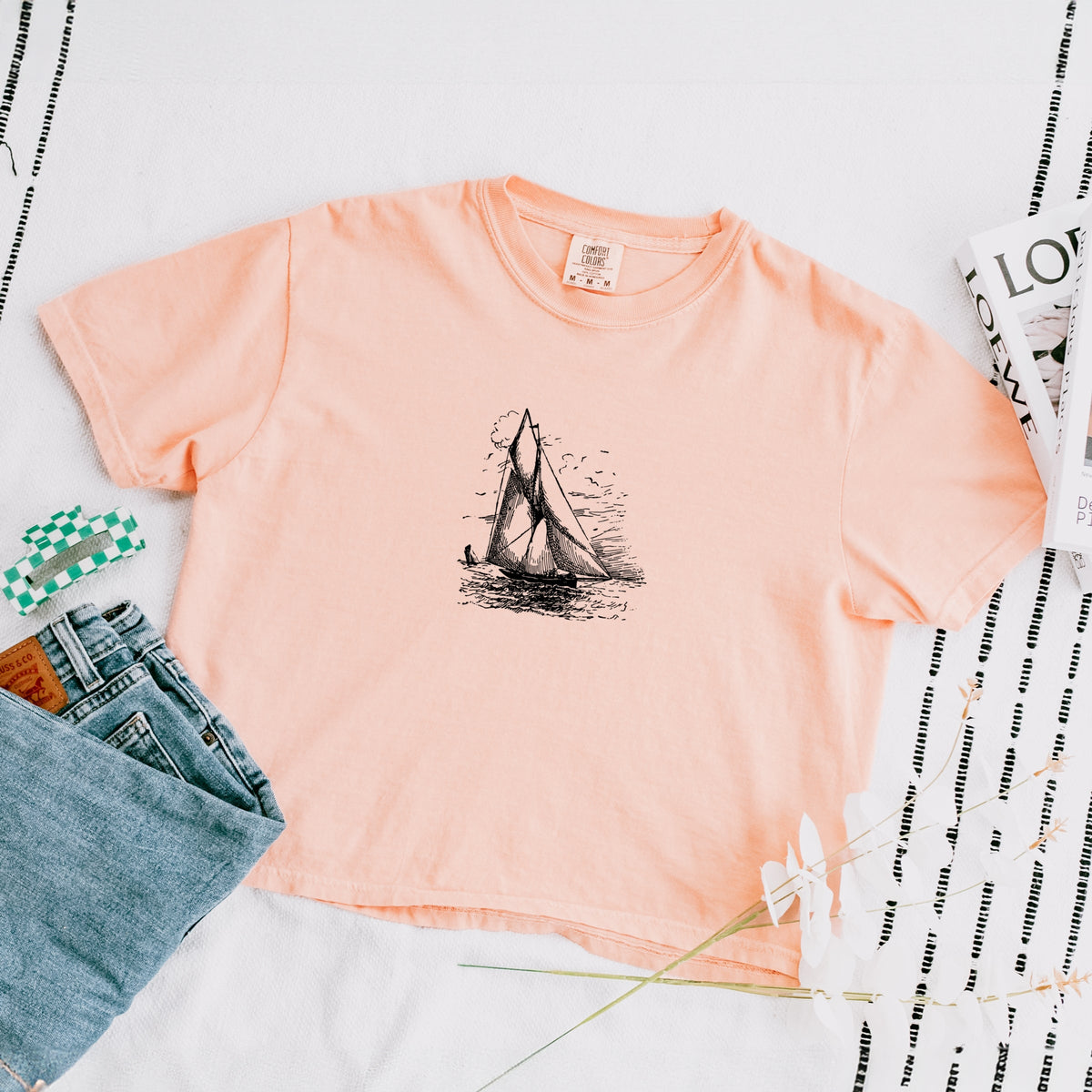 Sailboat Sketch - Women's Boxy Crop Top Graphic T-Shirt