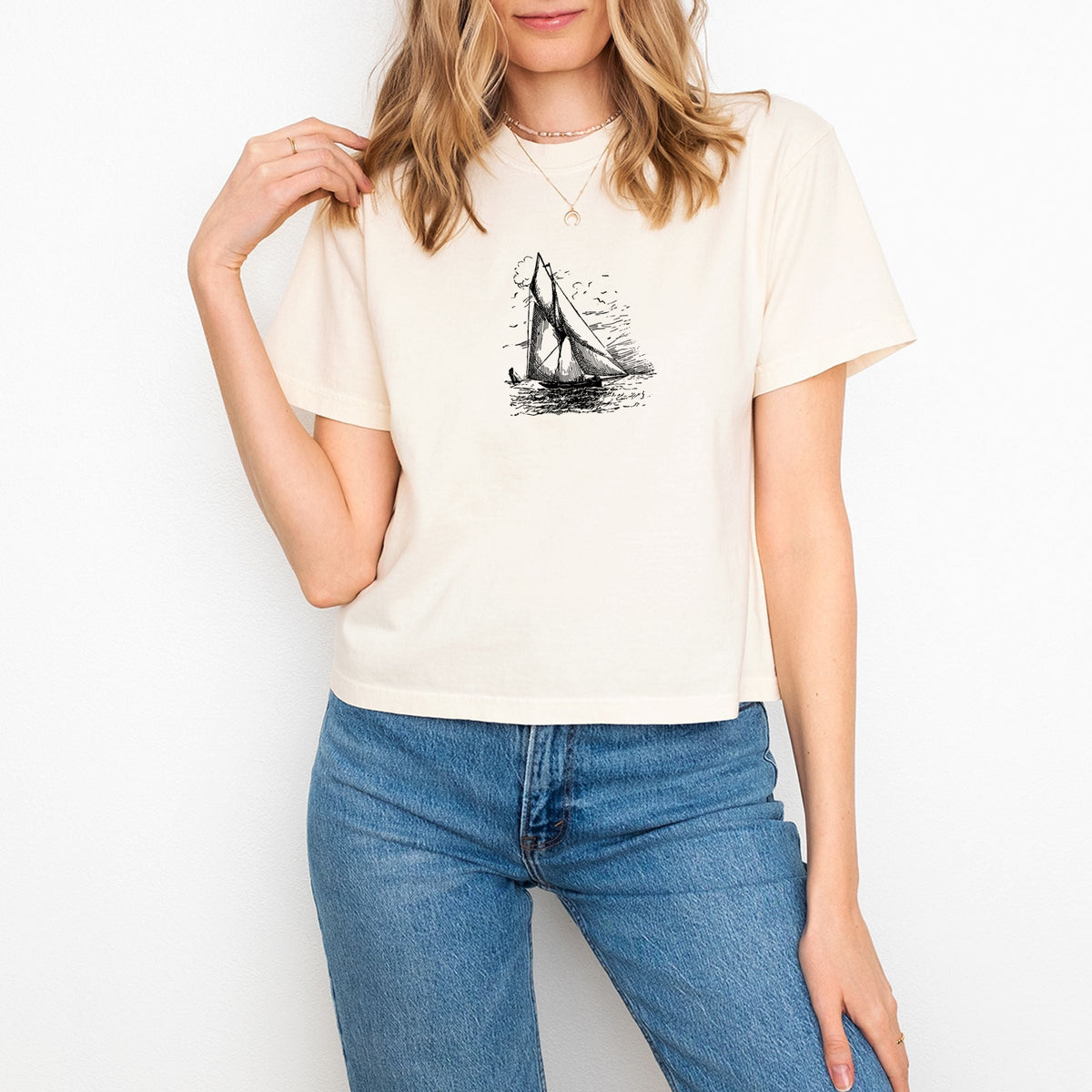 Sailboat Sketch - Women's Boxy Crop Top Graphic T-Shirt