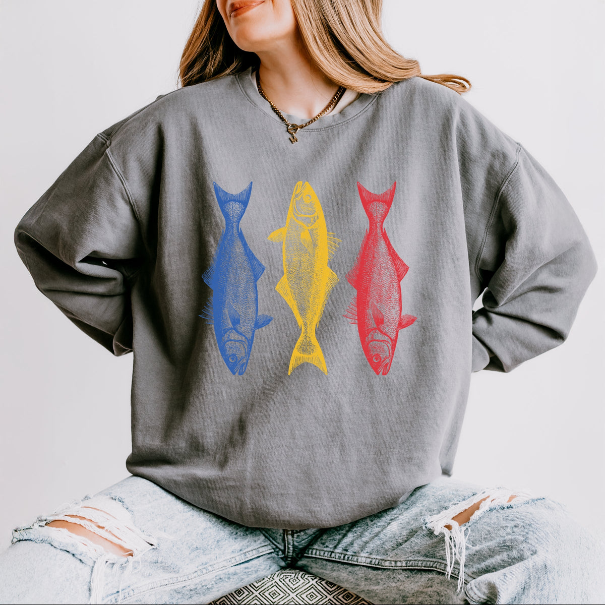 Three Fish Sketch - Women's Lightweight Garment Dyed Sweatshirt