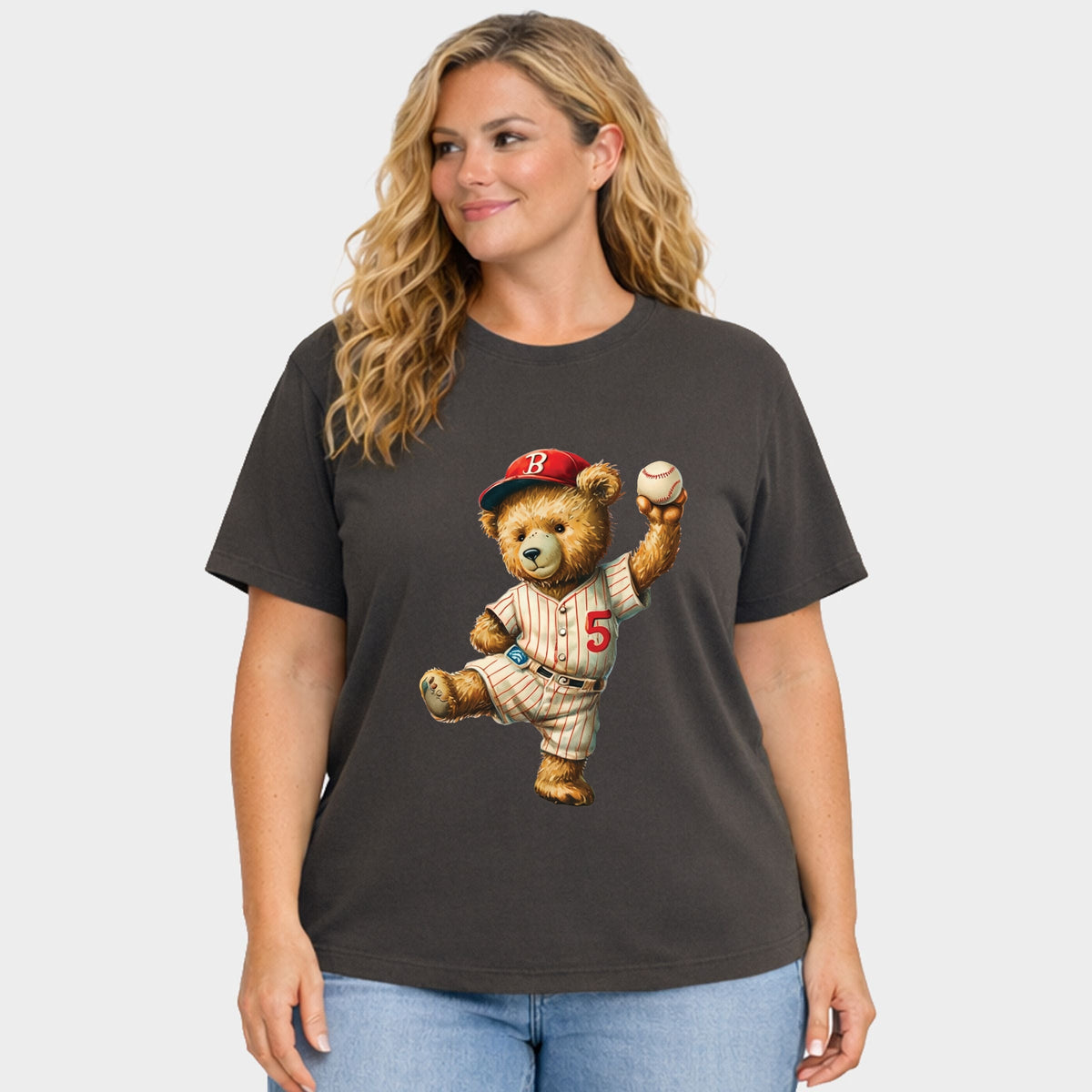 Baseball Bear - Women's Plus Sized Garment Dyed Graphic T-Shirt