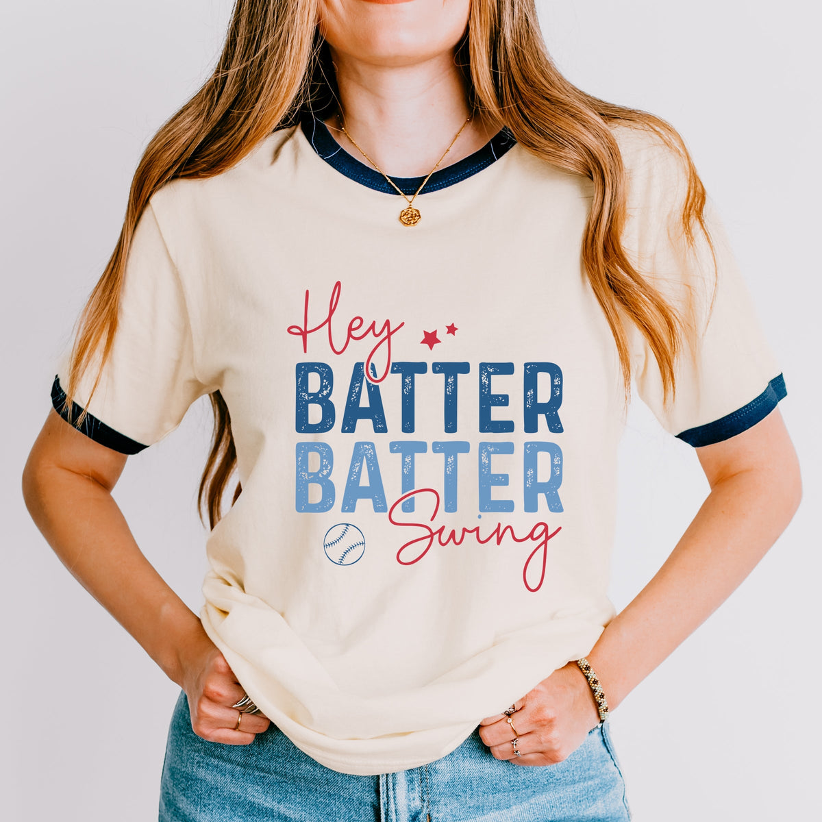 Hey Batter Batter Swing Distressed - Women's Ringer Graphic T-Shirt