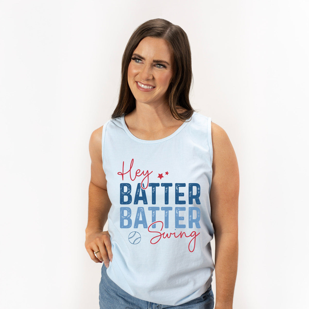 Hey Batter Batter Swing Distressed - Women's Garment Dyed Graphic Tank Top