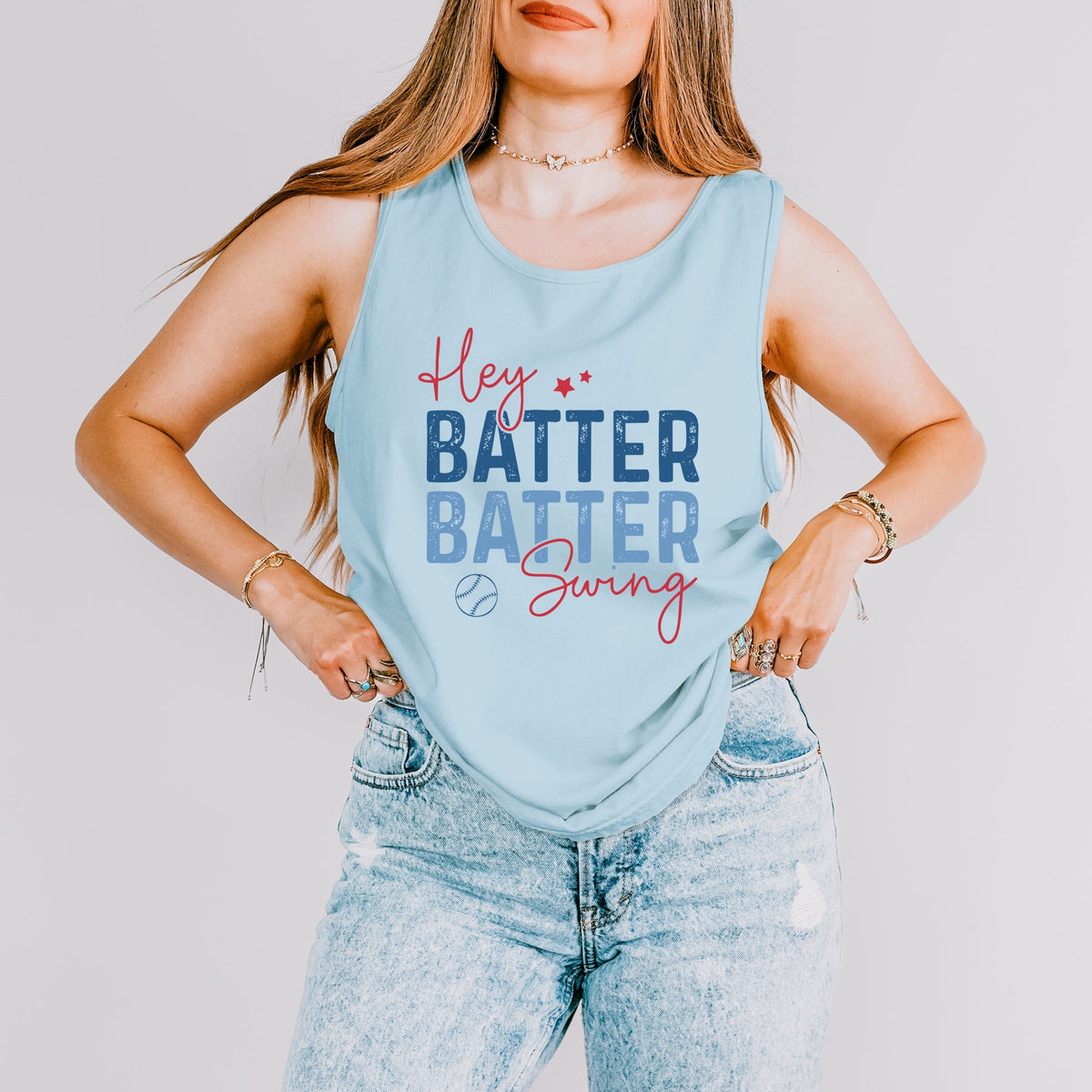 Hey Batter Batter Swing Distressed - Women's Garment Dyed Graphic Tank Top