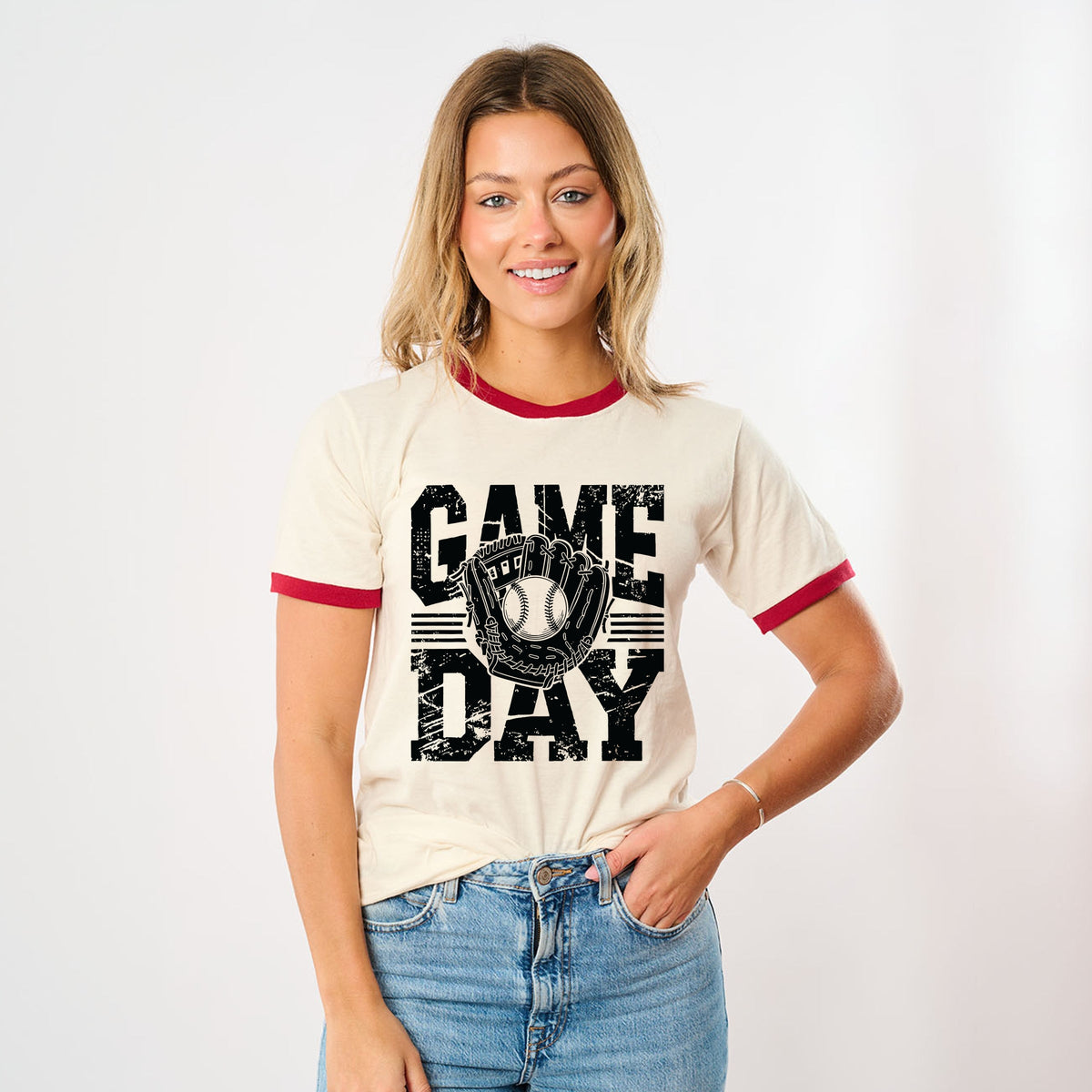 Baseball Game Day Glove - Women's Ringer Graphic T-Shirt
