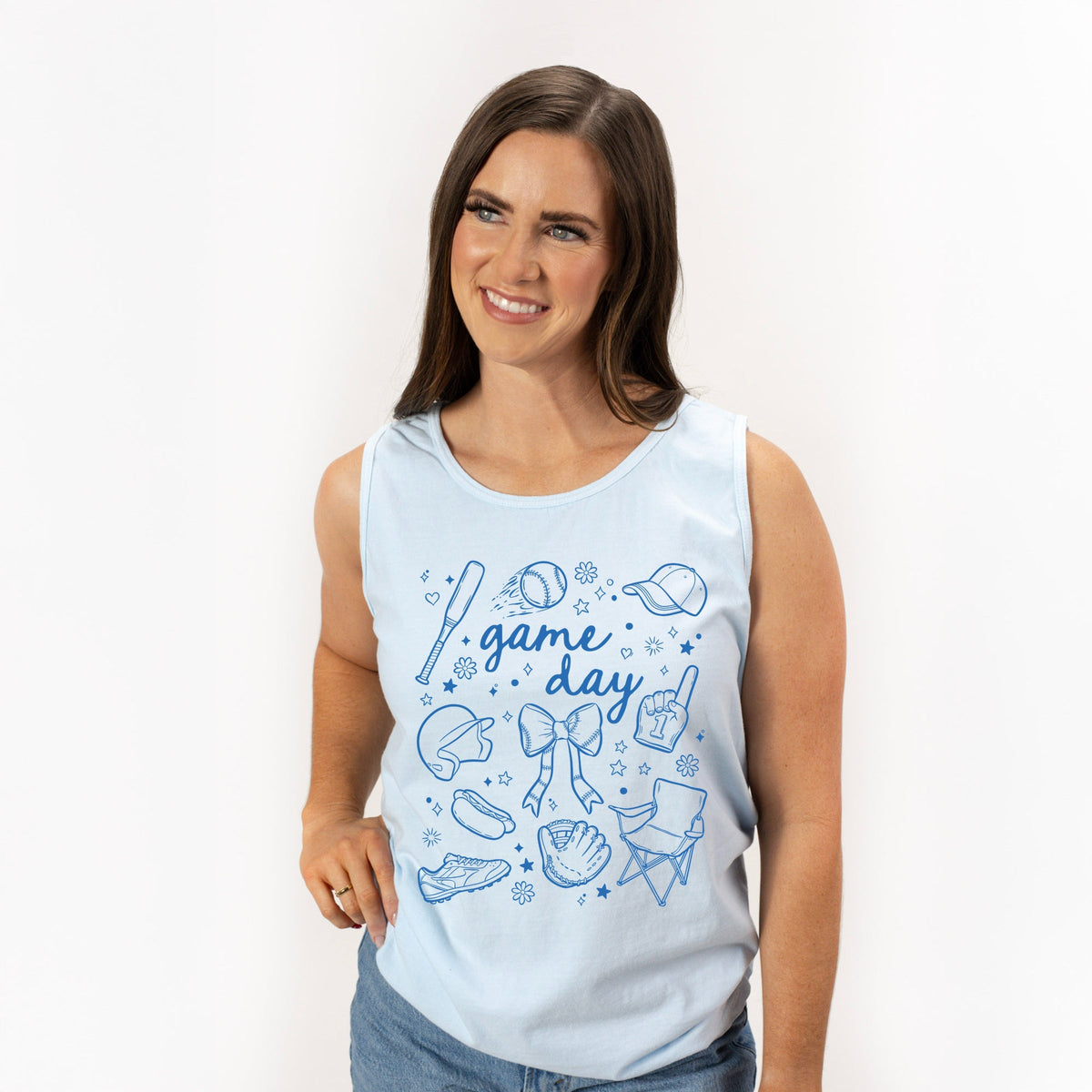 Baseball Game Day Sketched Collage - Women's Garment Dyed Graphic Tank Top