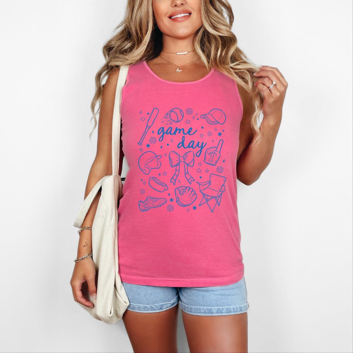 Baseball Game Day Sketched Collage - Women's Garment Dyed Graphic Tank Top