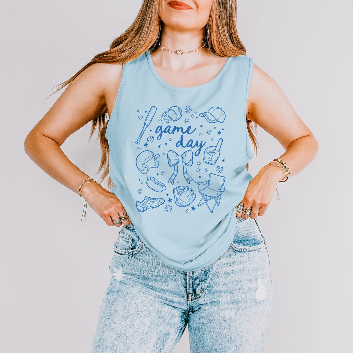 Baseball Game Day Sketched Collage - Women's Garment Dyed Graphic Tank Top