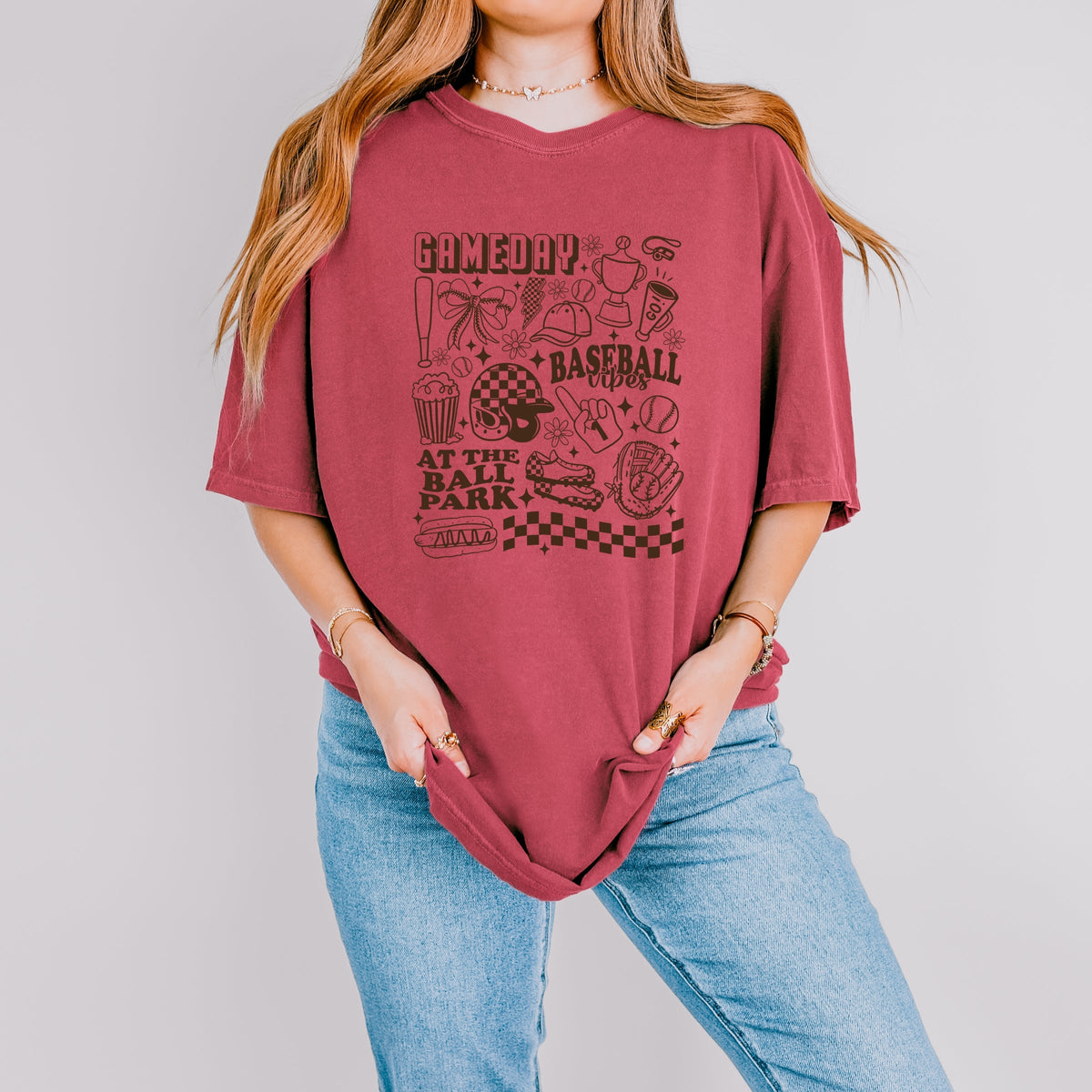 Gameday Baseball Vibes Collage - Women's Garment Dyed Graphic T-Shirt