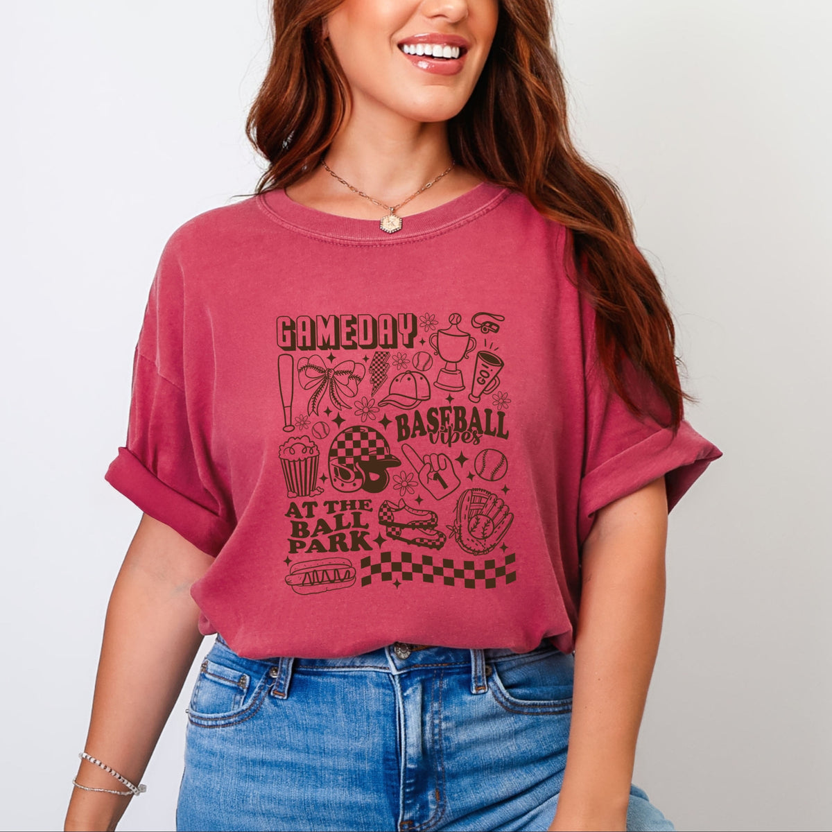 Gameday Baseball Vibes Collage - Women's Garment Dyed Graphic T-Shirt