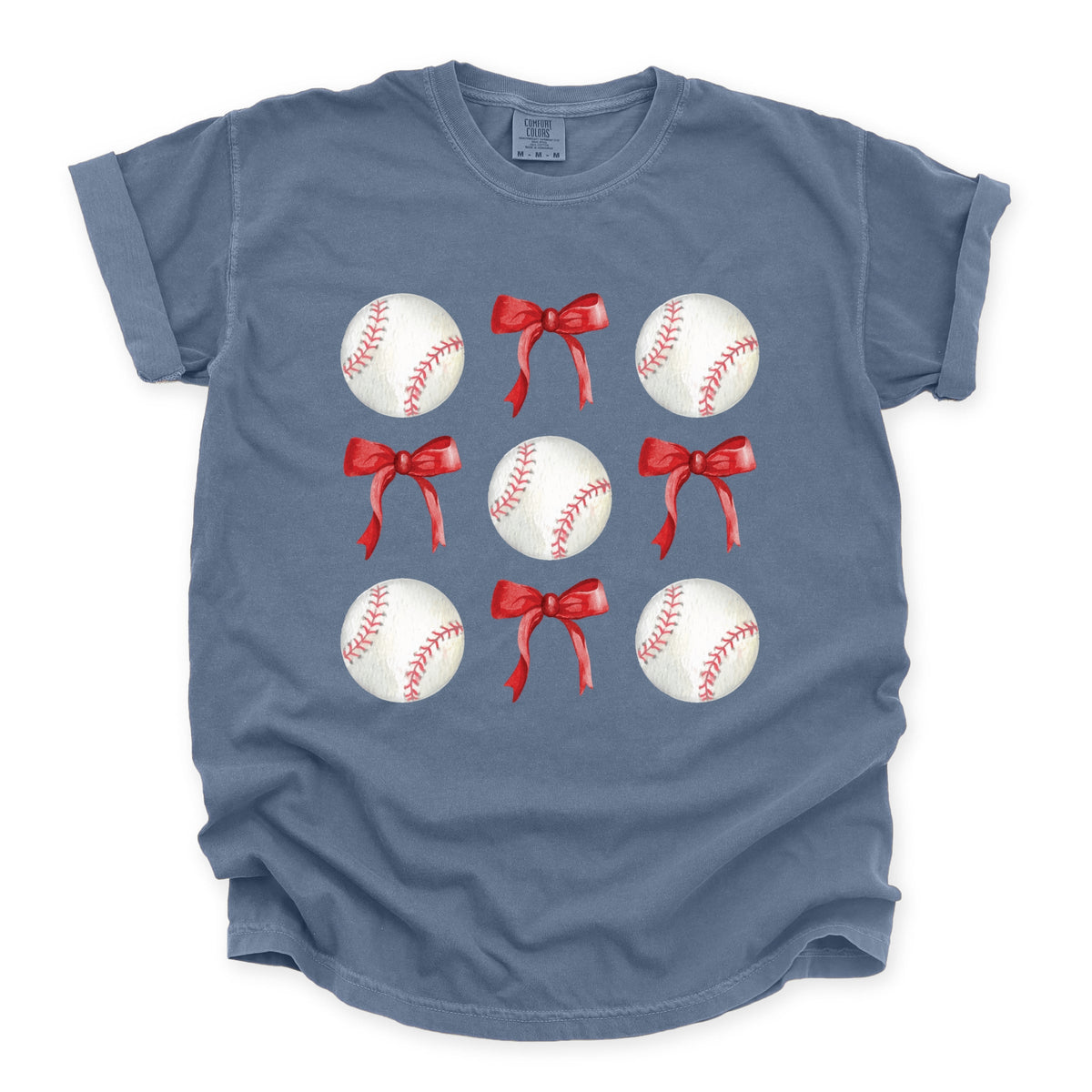 Baseballs and Red Bows Watercolor - Women's Garment Dyed Graphic T-Shirt