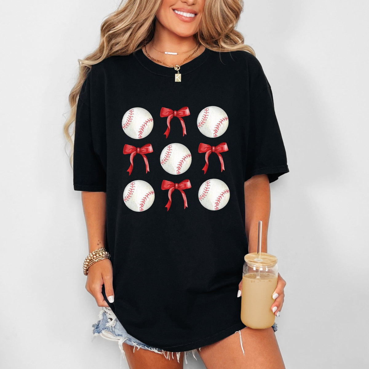 Baseballs and Red Bows Watercolor - Women's Garment Dyed Graphic T-Shirt