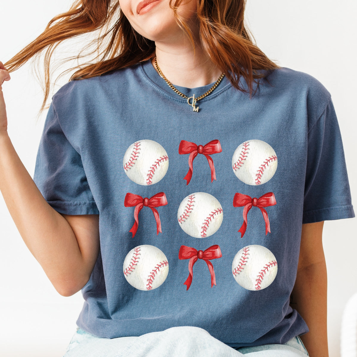 Baseballs and Red Bows Watercolor - Women's Garment Dyed Graphic T-Shirt