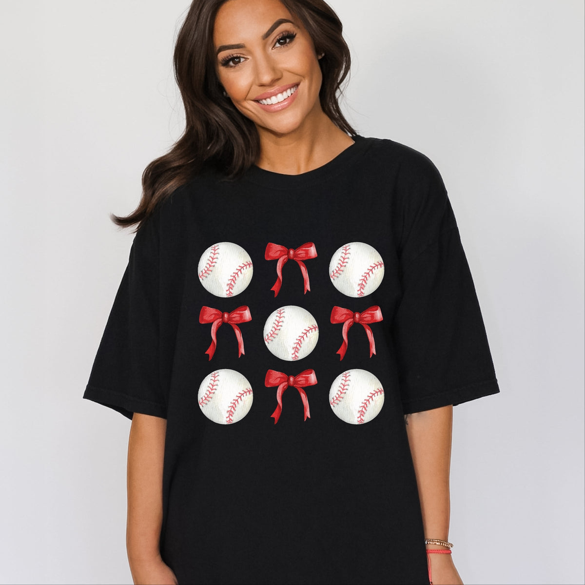 Baseballs and Red Bows Watercolor - Women's Garment Dyed Graphic T-Shirt
