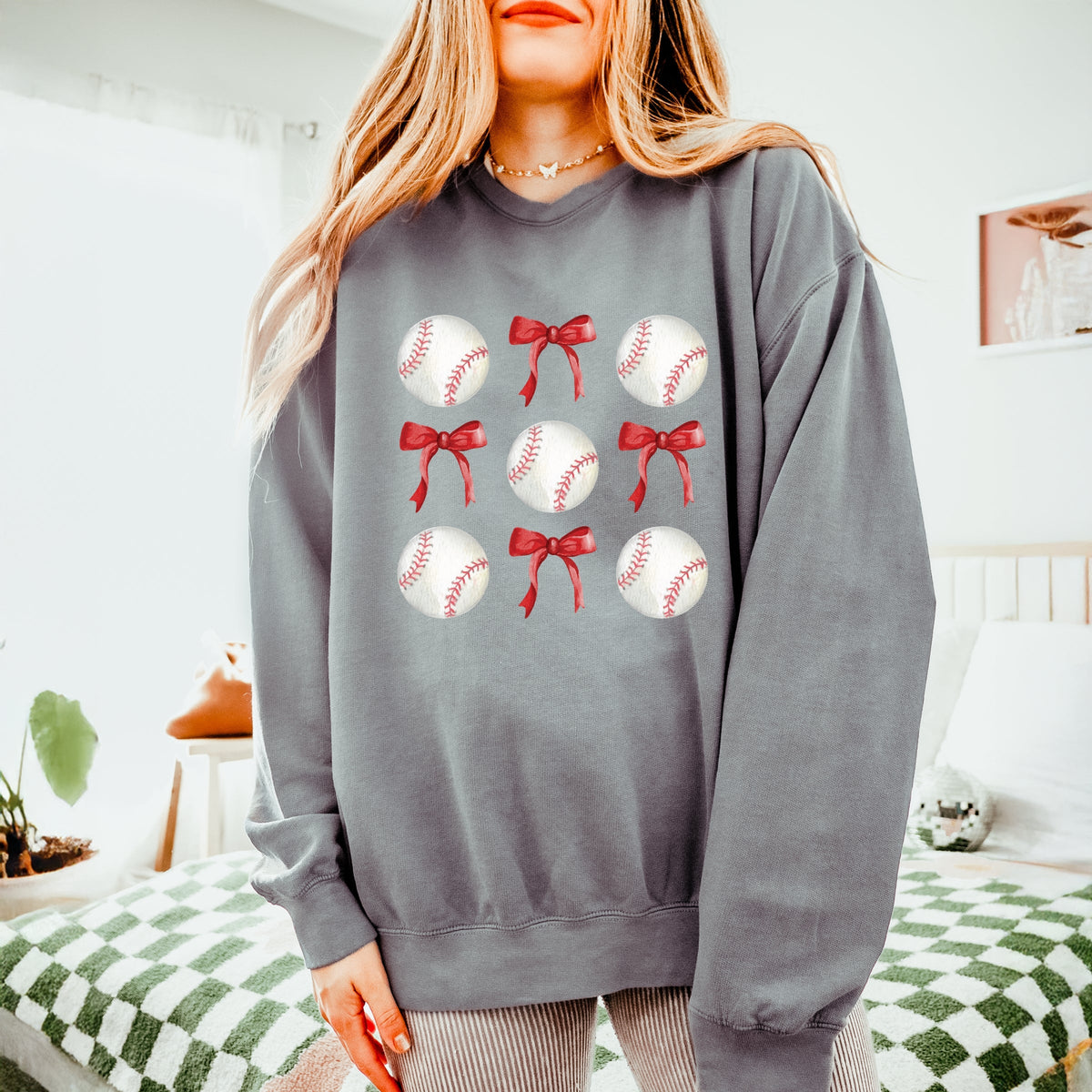 Baseballs and Red Bows Watercolor - Women's Lightweight Garment Dyed Sweatshirt