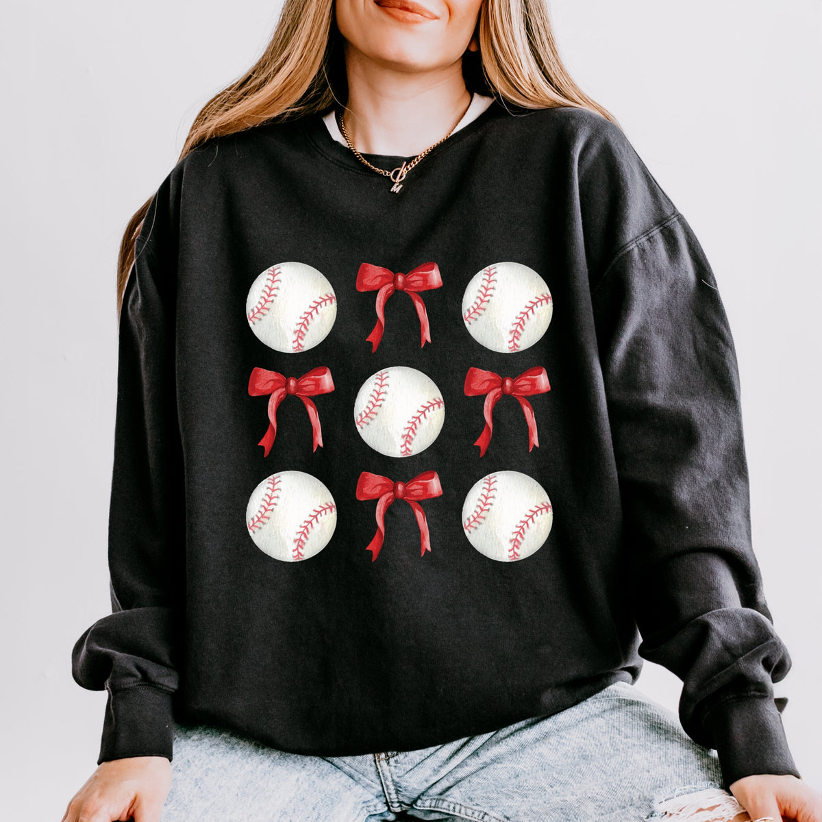 Baseballs and Red Bows Watercolor - Women's Lightweight Garment Dyed Sweatshirt