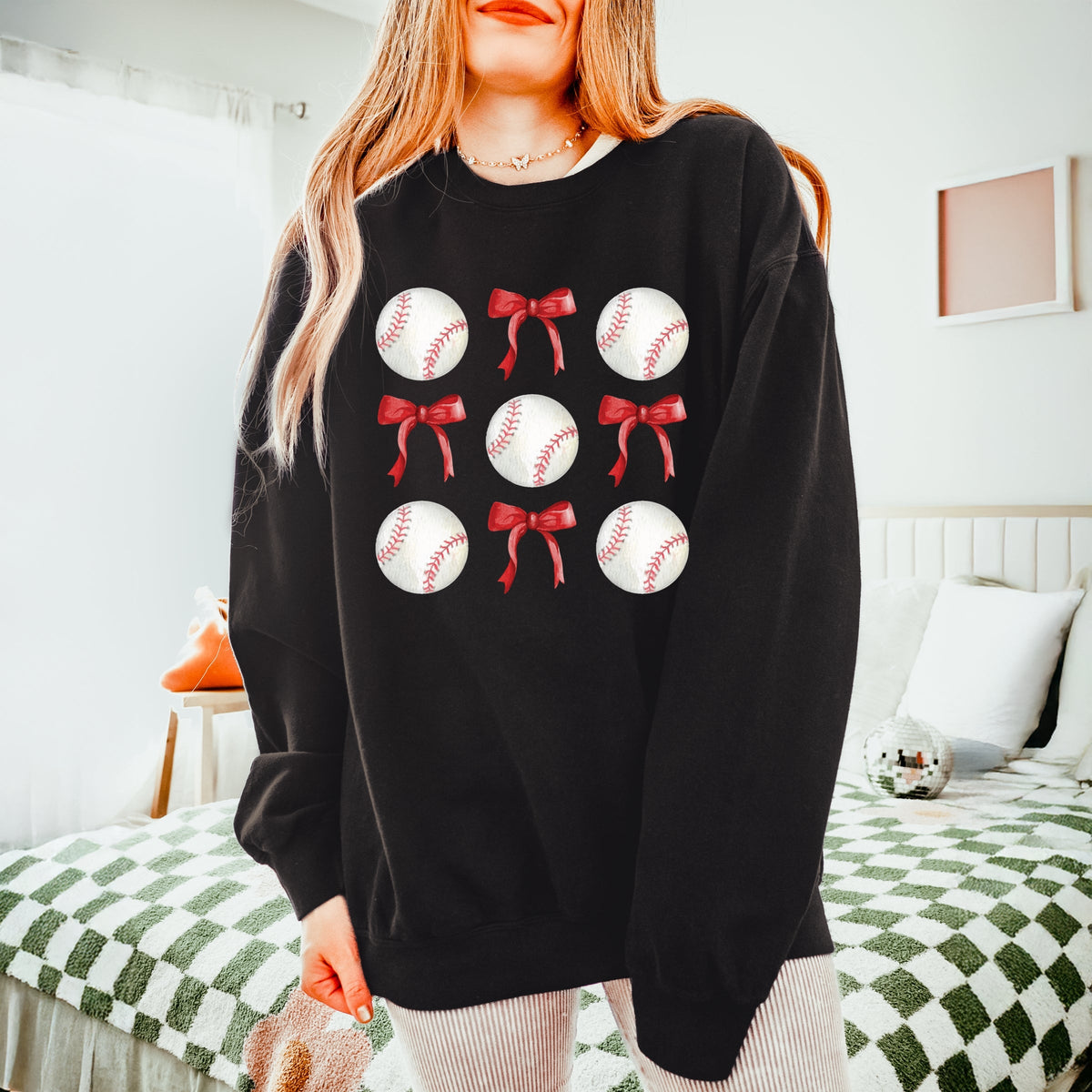 Baseballs and Red Bows Watercolor - Women's Lightweight Garment Dyed Sweatshirt