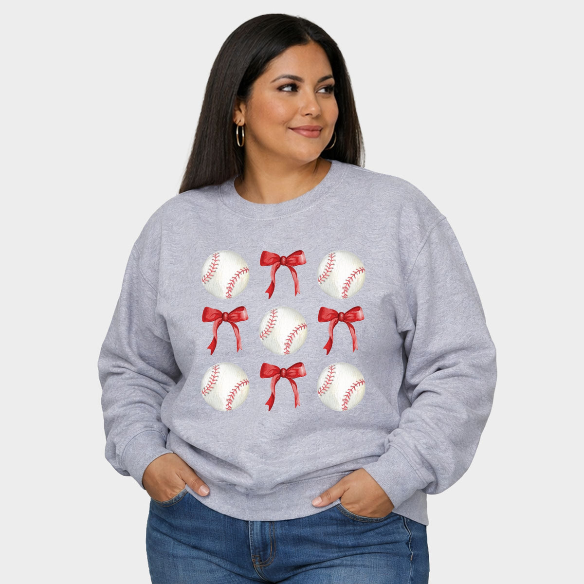 Baseballs and Red Bows Watercolor - Women's Plus Sized Graphic Sweatshirt