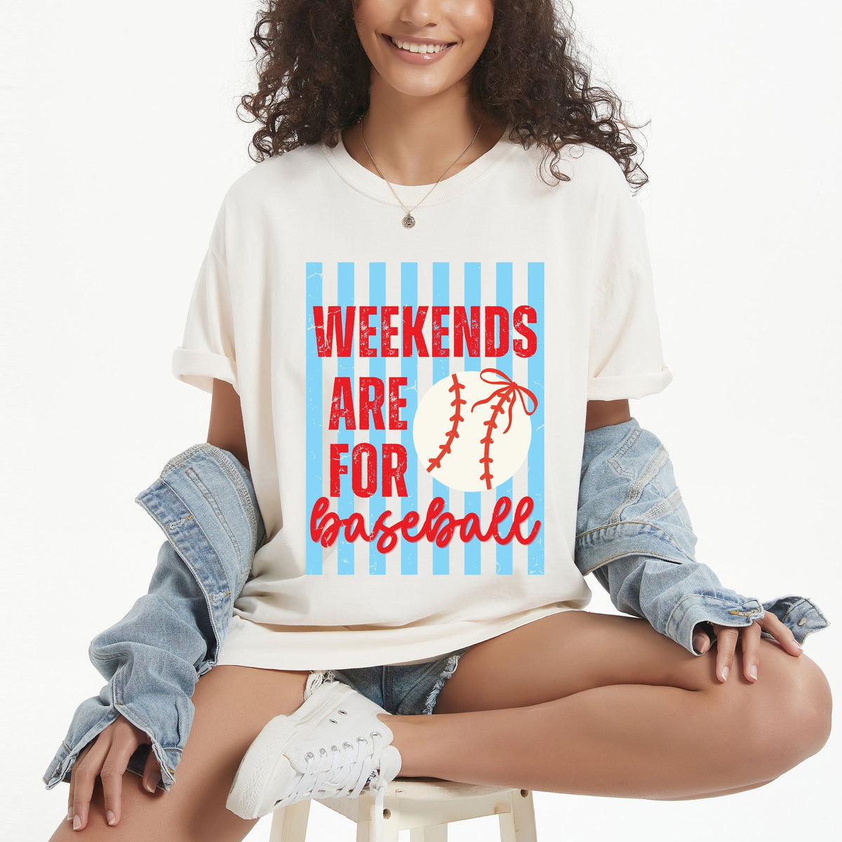 Weekends Are For Baseball Stripes - Women's Garment Dyed Graphic T-Shirt