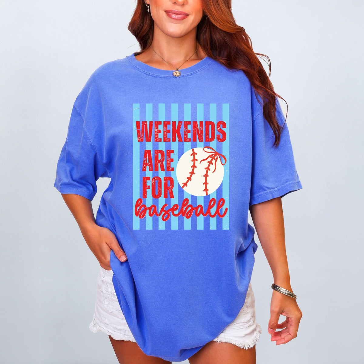 Weekends Are For Baseball Stripes - Women's Garment Dyed Graphic T-Shirt