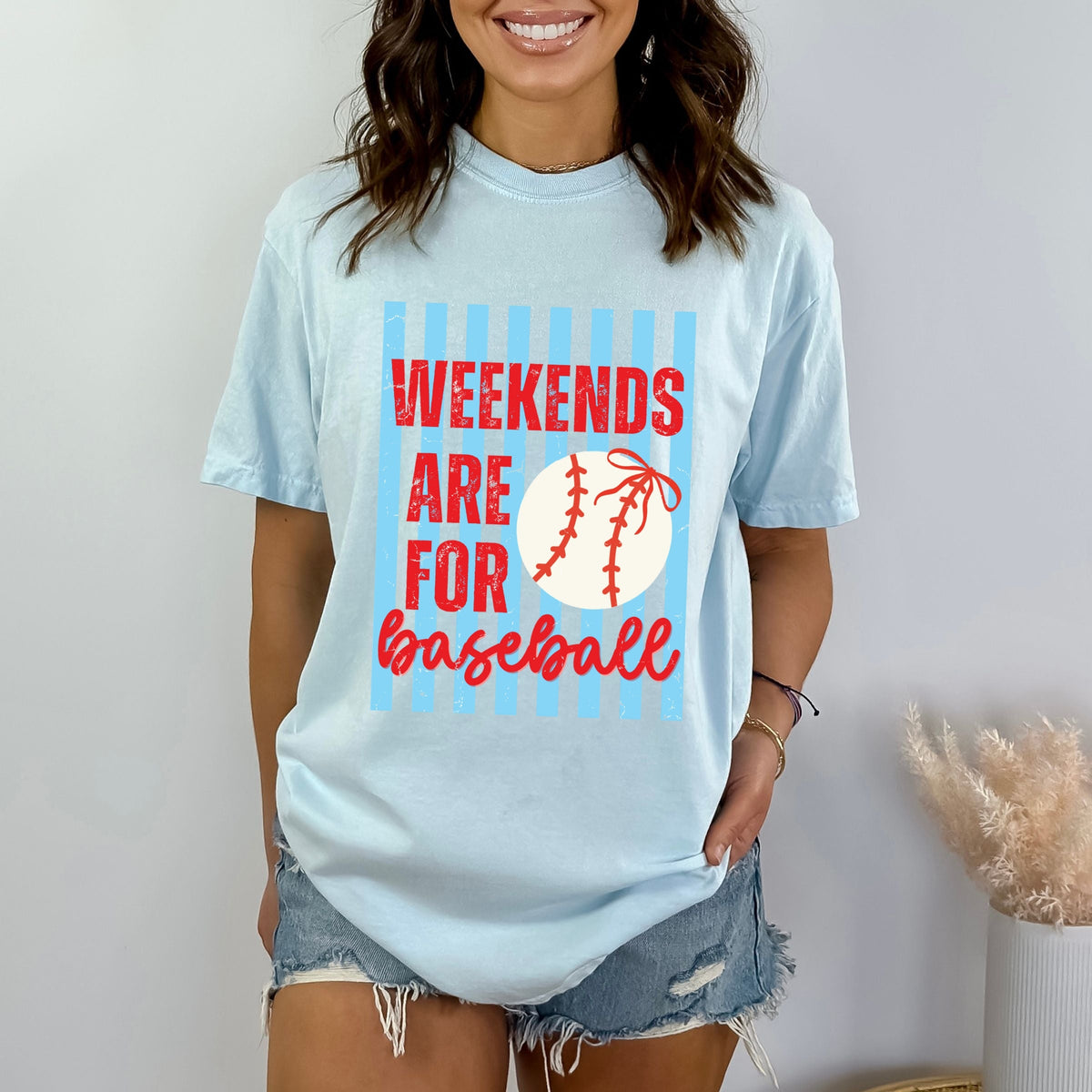 Weekends Are For Baseball Stripes - Women's Garment Dyed Graphic T-Shirt