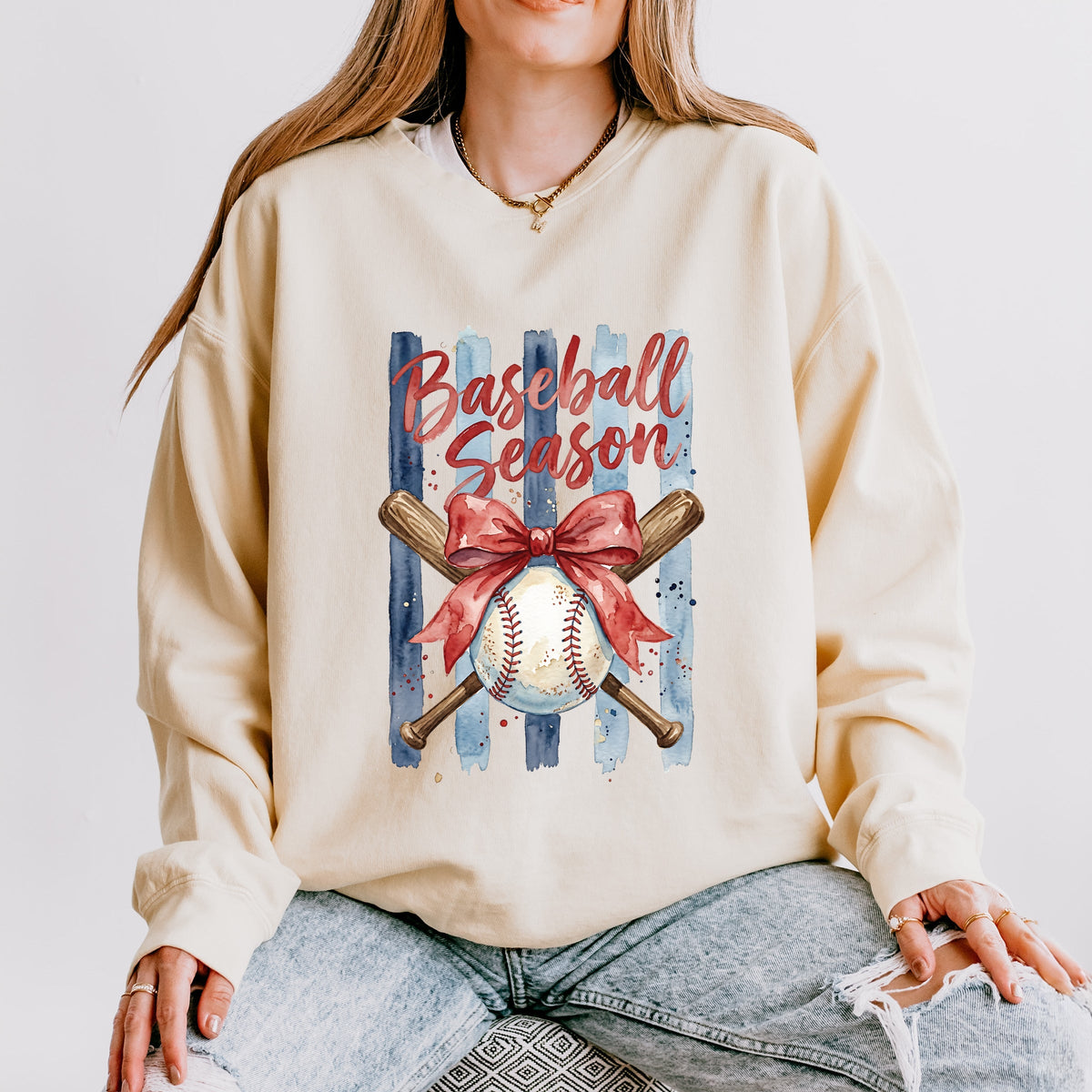 Baseball Season Watercolor Stripes - Women's Lightweight Garment Dyed Sweatshirt