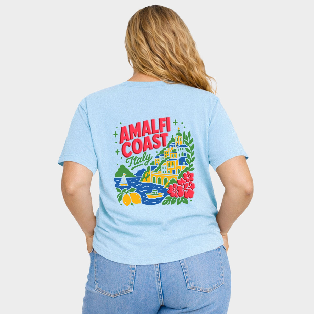 Amalfi Coast Vibrant Puff Print - Women's Plus Sized Garment Dyed Graphic T-Shirt