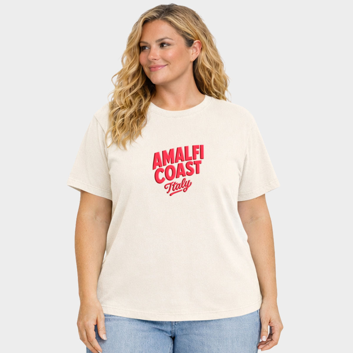 Amalfi Coast Vibrant Puff Print - Women's Plus Sized Garment Dyed Graphic T-Shirt