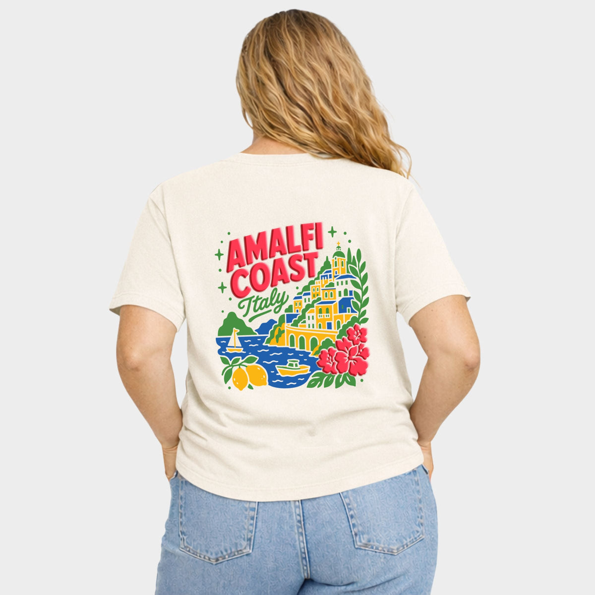Amalfi Coast Vibrant Puff Print - Women's Plus Sized Garment Dyed Graphic T-Shirt