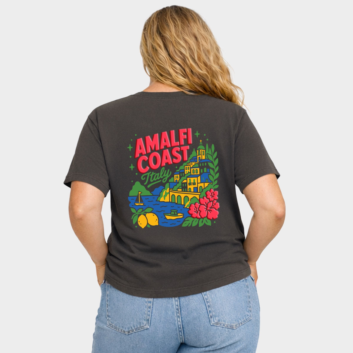 Amalfi Coast Vibrant Puff Print - Women's Plus Sized Garment Dyed Graphic T-Shirt