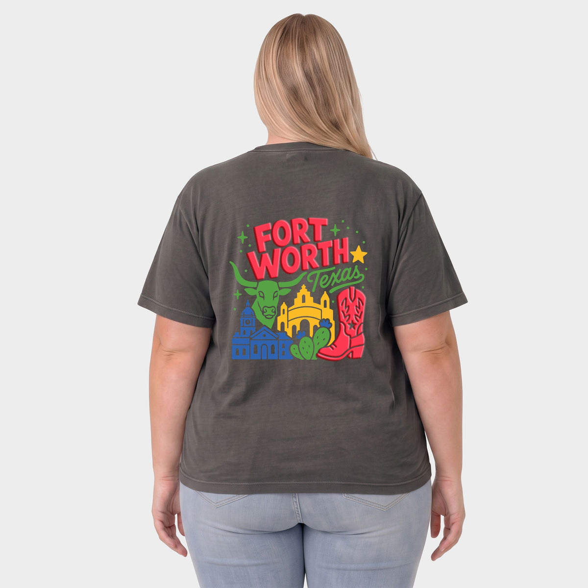 Fort Worth Vibrant Puff Print - Women's Plus Sized Garment Dyed Graphic T-Shirt