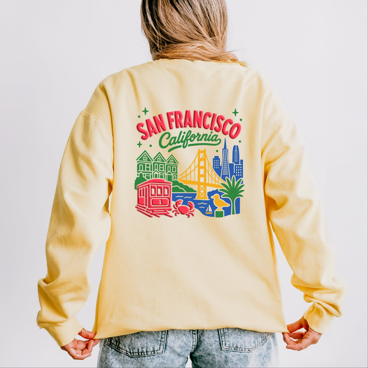 San Francisco Vibrant Puff Print - Women's Lightweight Garment Dyed Sweatshirt
