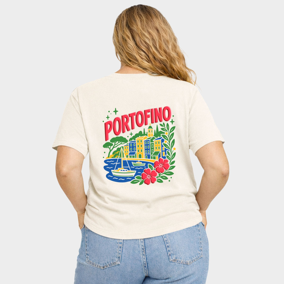 Portofino Vibrant Puff Print - Women's Plus Sized Garment Dyed Graphic T-Shirt
