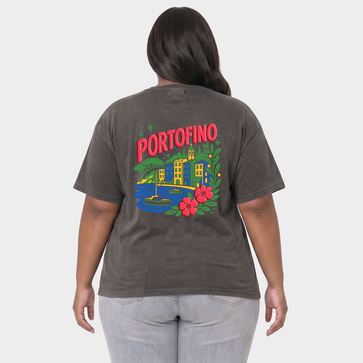 Portofino Vibrant Puff Print - Women's Plus Sized Garment Dyed Graphic T-Shirt