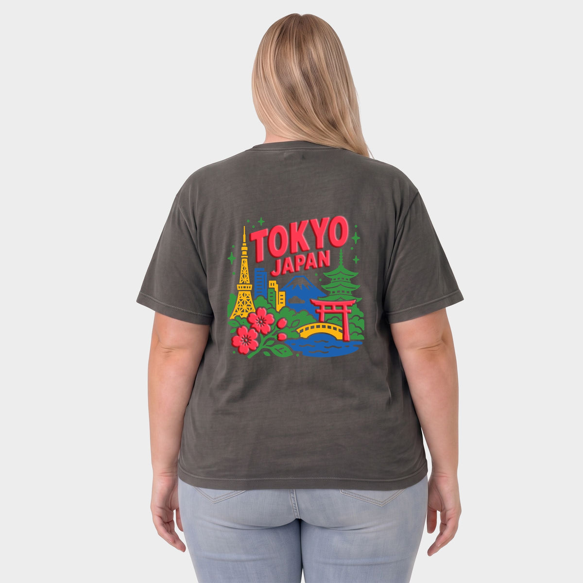 Tokyo Vibrant Puff Print - Women's Plus Sized Garment Dyed Graphic T-Shirt