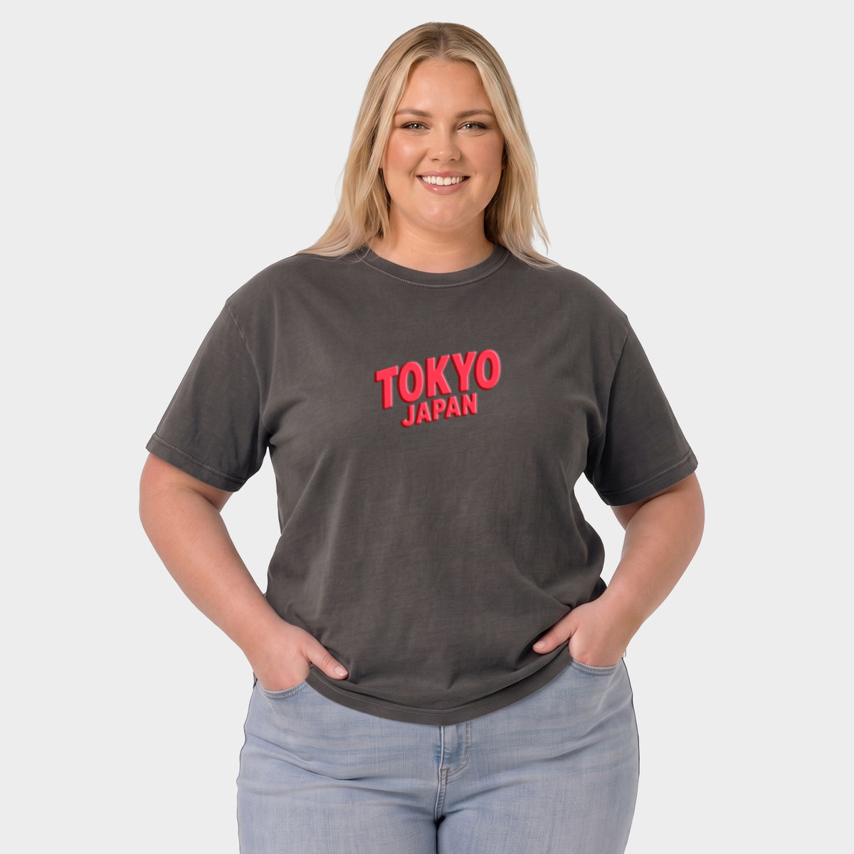 Tokyo Vibrant Puff Print - Women's Plus Sized Garment Dyed Graphic T-Shirt