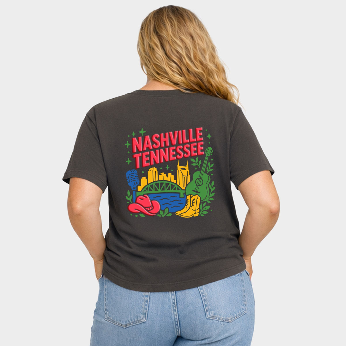 Nashville Vibrant Puff Print - Women's Plus Sized Garment Dyed Graphic T-Shirt
