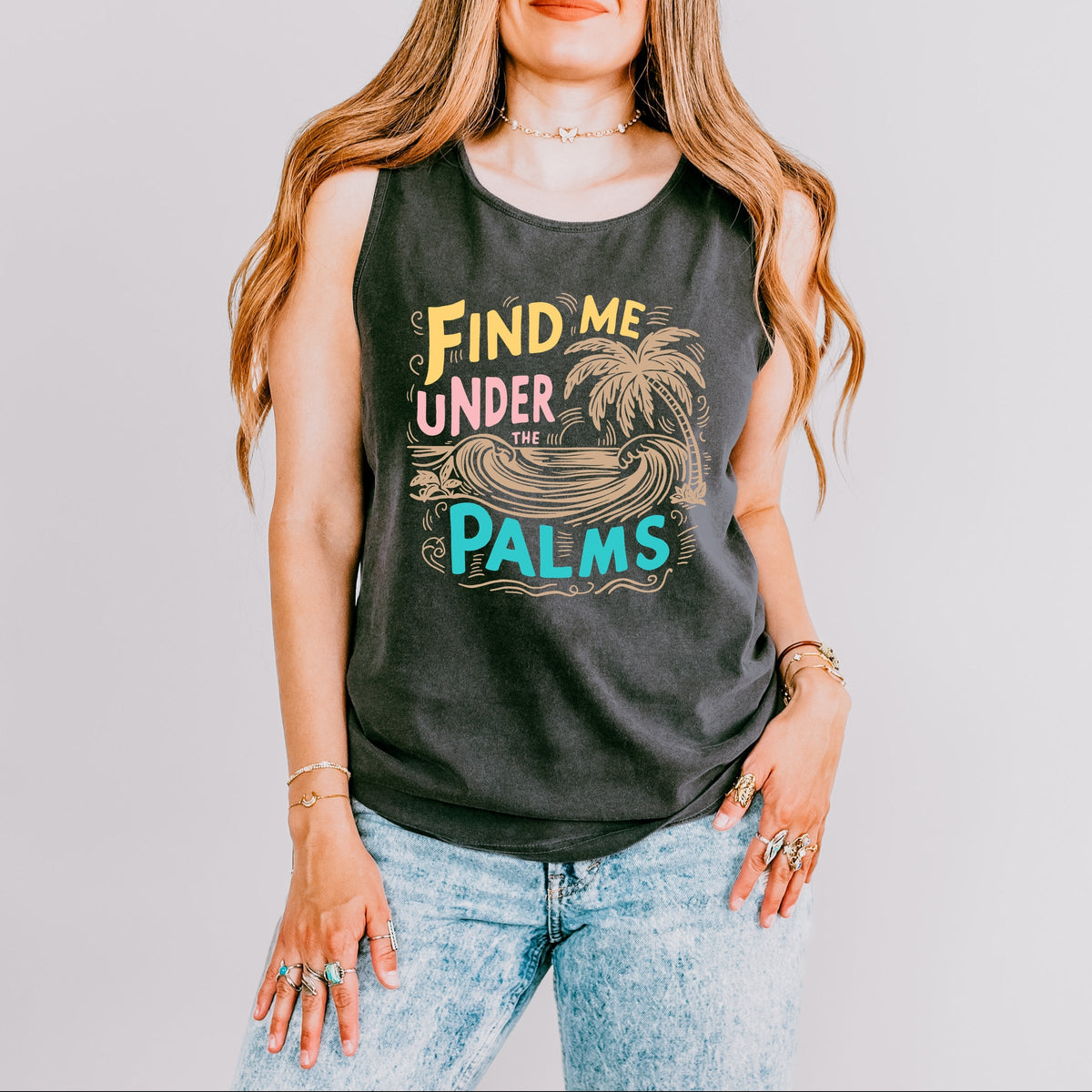 Find Me Under The Palms Waves - Women's Garment Dyed Graphic Tank Top