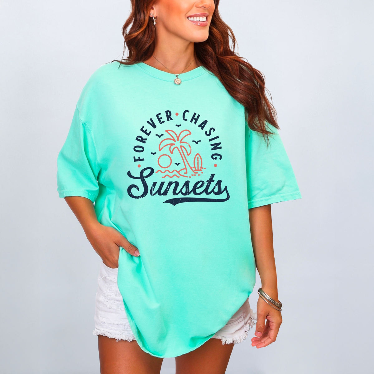 Forever Chasing Sunsets Palm Tree - Women's Garment Dyed Graphic T-Shirt