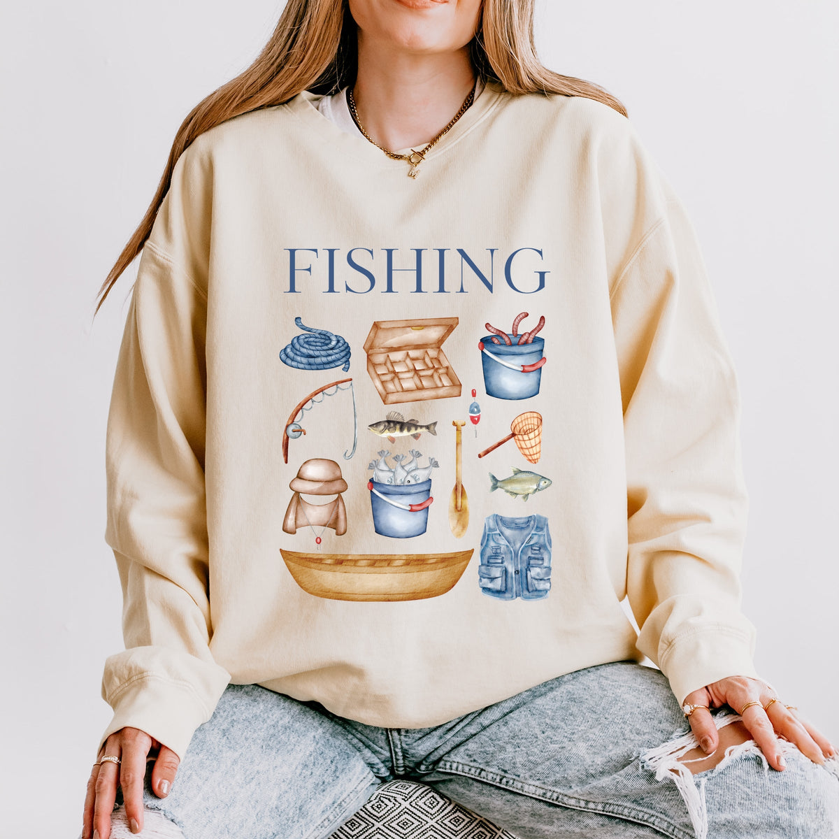 Fishing Watercolor Collage - Women's Lightweight Garment Dyed Sweatshirt